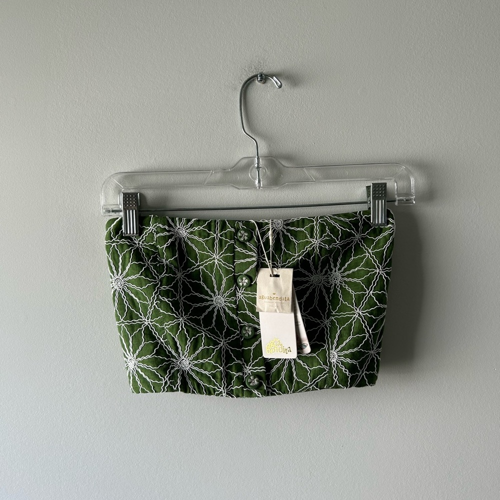 Agua Bendita olive green embroidered strapless crop top